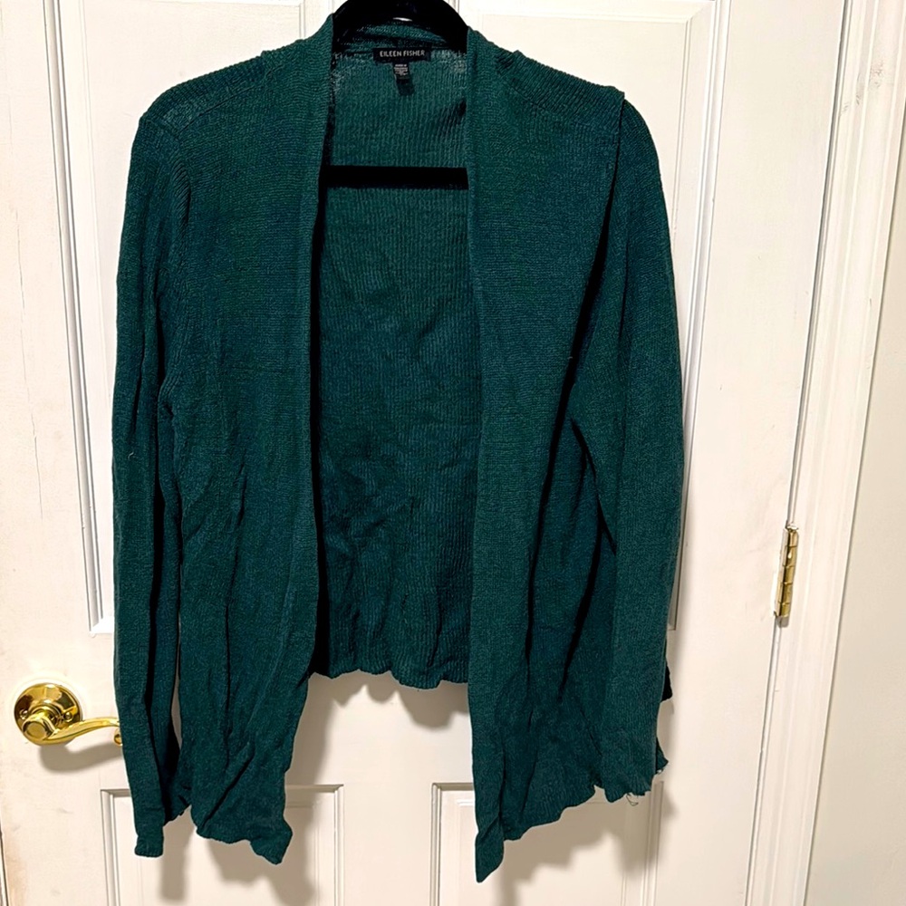 Eileen Fisher Green Cardigan Sweater Open Front Linen and Cotton